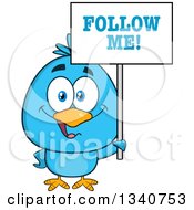 Poster, Art Print Of Cartoon Blue Bird Holding A Follow Me Sign 2