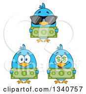 Clipart Of Cartoon Blue Birds Holding Cash Money Royalty Free Vector Illustration