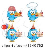 Poster, Art Print Of Cartoon Blue Birds Holding Fast Foods And Cakes