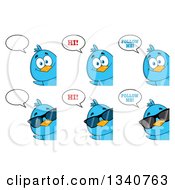 Poster, Art Print Of Cartoon Blue Birds Looking Around Signs And Talking