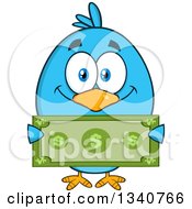 Poster, Art Print Of Cartoon Blue Bird Holding A Dollar Bill