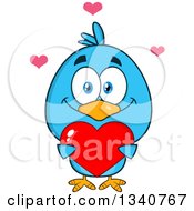 Poster, Art Print Of Cartoon Blue Bird Holding A Red Love Heart