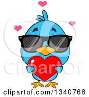 Poster, Art Print Of Cartoon Blue Bird Wearing Sunglasses And Holding A Red Love Heart