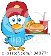 Poster, Art Print Of Cartoon Blue Bird Wearing A Baseball Cap And Holding A Fast Food Tray