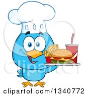 Poster, Art Print Of Cartoon Blue Bird Chef Holding A Fast Food Tray
