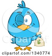 Poster, Art Print Of Cartoon Blue Bird Winking And Holding A Money Bag