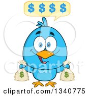 Poster, Art Print Of Cartoon Blue Bird Holding Money Bags And Talking