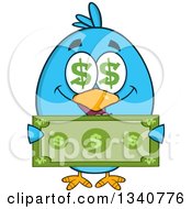 Poster, Art Print Of Cartoon Blue Bird With Dollar Symbol Eyes Holding Cash Money