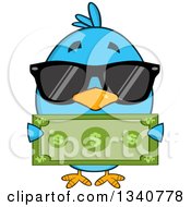 Poster, Art Print Of Cartoon Blue Bird Wearing Sunglasses And Holding A Dollar Bill
