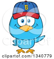 Poster, Art Print Of Cartoon Blue Bird Wearing A Baseball Cap And Waving