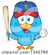 Poster, Art Print Of Cartoon Blue Bird Holding A Baseball And Bat