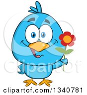 Poster, Art Print Of Cartoon Blue Bird Holding A Flower