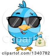 Clipart Of A Cartoon Blue Bird Wearing Sunglasses And Holding A Money Bag Royalty Free Vector Illustration by Hit Toon