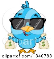 Poster, Art Print Of Cartoon Blue Bird Wearing Sunglasses And Holding Money Bags