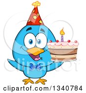 Poster, Art Print Of Cartoon Blue Bird Wearing A Party Hat And Holding A Birthday Cake