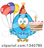 Poster, Art Print Of Cartoon Blue Bird Wearing A Party Hat And Holding Balloons And A Birthday Cake