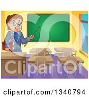 Poster, Art Print Of Cartoon Brunette White Male Teacher With Glasses Holding A Book And Pointer Stick By A Chalk Board In A Classroom