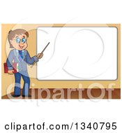 Poster, Art Print Of Cartoon Brunette White Male Teacher With Glasses Holding A Book And Pointer Stick By A White Board