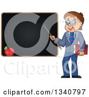 Poster, Art Print Of Cartoon Brunette White Male Teacher With Glasses Holding A Book And Pointer Stick By A Black Board