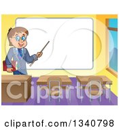Poster, Art Print Of Cartoon Brunette White Male Teacher With Glasses Holding A Book And Pointer Stick By A White Board In A Classroom