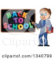 Poster, Art Print Of Cartoon Brunette White Male Teacher With Glasses Holding A Book And Pointer Stick To A Back To School Black Board