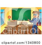 Poster, Art Print Of Cartoon Brunette White Male Teacher With Glasses Holding A Book And Pointer Stick By A Chalk Board In A Class Room