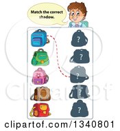 Poster, Art Print Of Cartoon Brunette White Male Teacher Over A Backpack Match Game