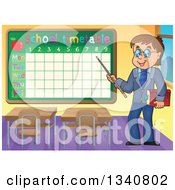 Cartoon Brunette White Male Teacher With Glasses Holding A Book And Pointer Stick To A Back To Time Table In A Class Room