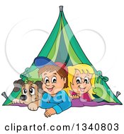Cartoon Caucasian Dog Boy And Girl Resting In A Tent While Camping