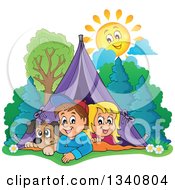 Poster, Art Print Of Cartoon Caucasian Dog Boy And Girl Resting In A Tent While Camping With A Happy Sun