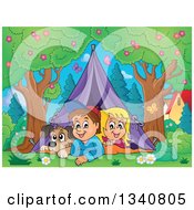 Poster, Art Print Of Cartoon Caucasian Dog Boy And Girl Resting In A Tent While Camping In A Park