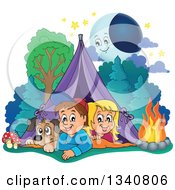 Poster, Art Print Of Cartoon Caucasian Dog Boy And Girl Resting In A Tent While Camping With A Campfire And Happy Moon