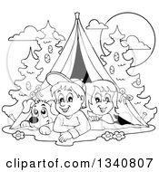 Poster, Art Print Of Cartoon Black And White Dog Boy And Girl Resting In A Tent While Camping