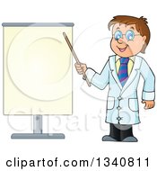 Poster, Art Print Of Cartoon Caucasian Male Doctor Holding A Pointer Stick By A Blank Board