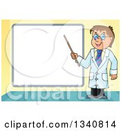 Poster, Art Print Of Cartoon Caucasian Male Doctor Holding A Pointer Stick By A Blank White Board