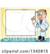 Poster, Art Print Of Cartoon Caucasian Male Doctor Holding Up A Finger By A Blank White Board