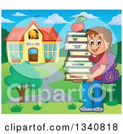 Poster, Art Print Of Cartoon Brunette Caucasian Boy Carrying A Stack Of Books With An Apple On Top By A School Building
