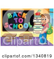 Poster, Art Print Of Cartoon Brunette Caucasian Boy Carrying A Stack Of Books With An Apple On Top In A Class Room With A Back To School Black Board