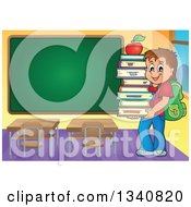 Poster, Art Print Of Cartoon Brunette Caucasian Boy Carrying A Stack Of Books With An Apple On Top In A Class Room With A Blank Chalk Board