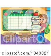 Poster, Art Print Of Cartoon Brunette Caucasian Boy Carrying A Stack Of Books With An Apple On Top In A Class Room With A School Time Table