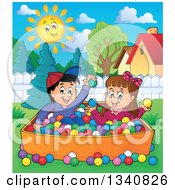 Poster, Art Print Of Cartoon Hispanic Boy And White Girl Playing In A Ball Pit In A Yard