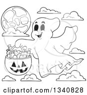 Poster, Art Print Of Cartoon Black And White Happy Halloween Ghost With A Pumpkin Basket Of Candy Over A Moon And Clouds
