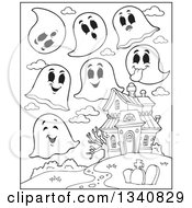 Poster, Art Print Of Cartoon Black And White Halloween Haunted House With Ghosts