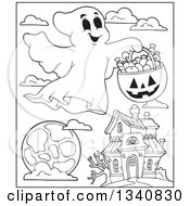 Poster, Art Print Of Cartoon Black And White Happy Halloween Ghost With A Pumpkin Basket Of Candy Over A Moon And Haunted House