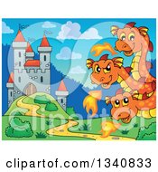 Poster, Art Print Of Cartoon Cute Orange Fire Breathing Three Headed Dragon By A Castle
