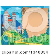 Clipart Of A Cartoon Castle With A Blank Parchment Scroll Page Royalty Free Vector Illustration