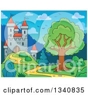 Clipart Of A Cartoon Castle With A Mature Tree And Birds Royalty Free Vector Illustration