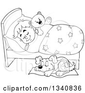 Poster, Art Print Of Cartoon Black And White Dog Sleeping By A Boy In Bed With A Teddy Bear