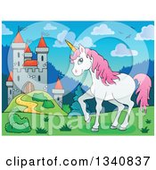 Poster, Art Print Of Cartoon Castle And White And Pink Unicorn