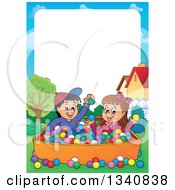 Poster, Art Print Of Cartoon Border Of A Hispanic Boy And White Girl Playing In A Ball Pit